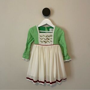 Sweet Honey Green Cream Holiday Tie Back Dress Velvet Trim Girls Size 3